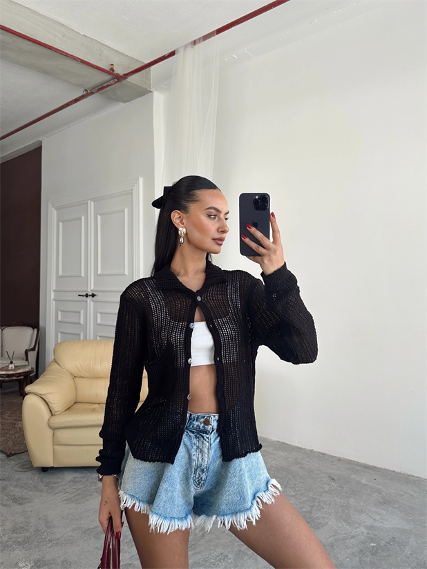 Elena Triko Ajur Hırka Siyah - Siyah