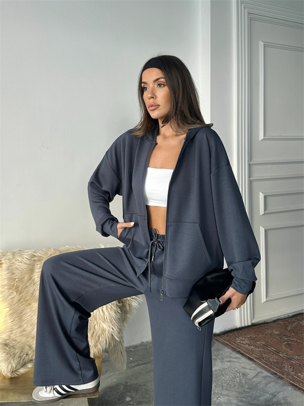 Modal Fermuarlı Sweat-Palazzo Takım - Antrasit