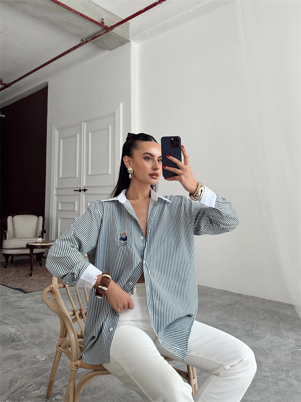 Çizgili Ayıcıklı Gömlek - Haki