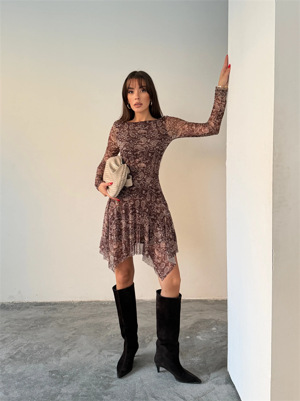 Kayık Yaka Etnik Desenli Elbise - Kahve