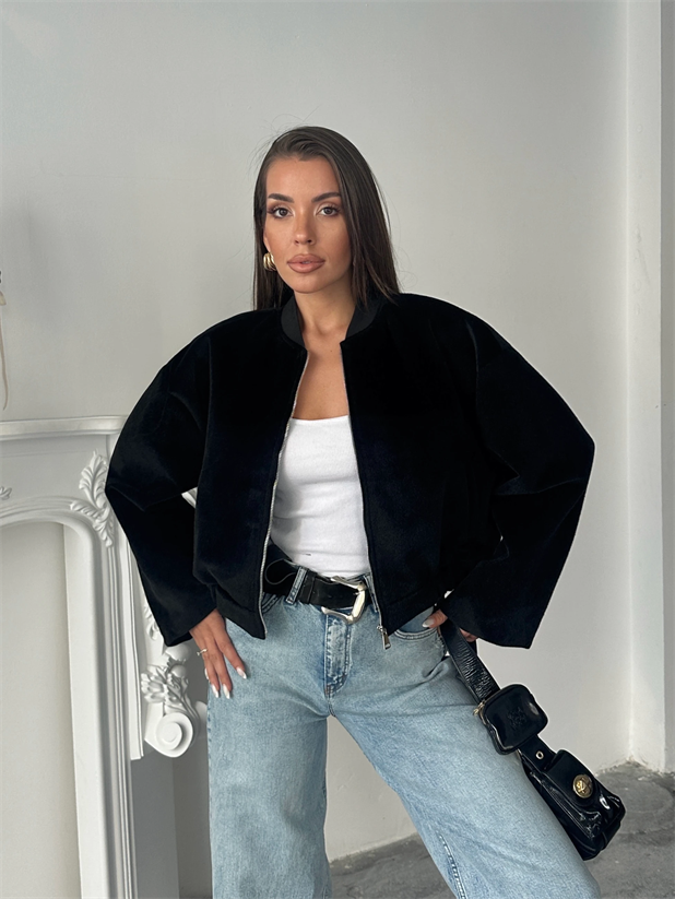 Astarlı Peluş Ceket - Siyah