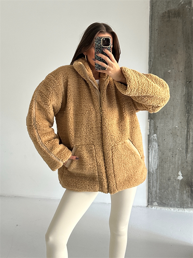 İç Astarlı Oversize Peluş Mont  - Vizon