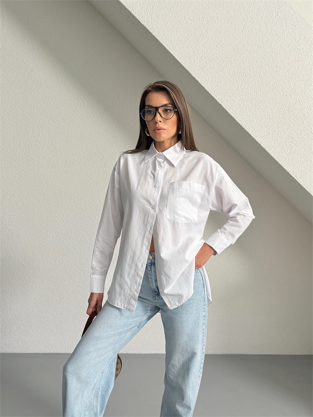 Tek Cep Boyfriend Gömlek - Beyaz