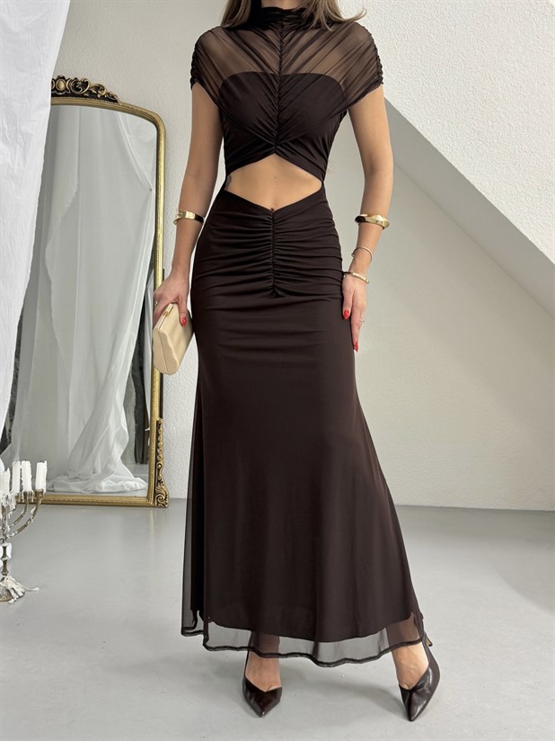 Göğüs Detaylı Maxi Tül Elbise - Kahve