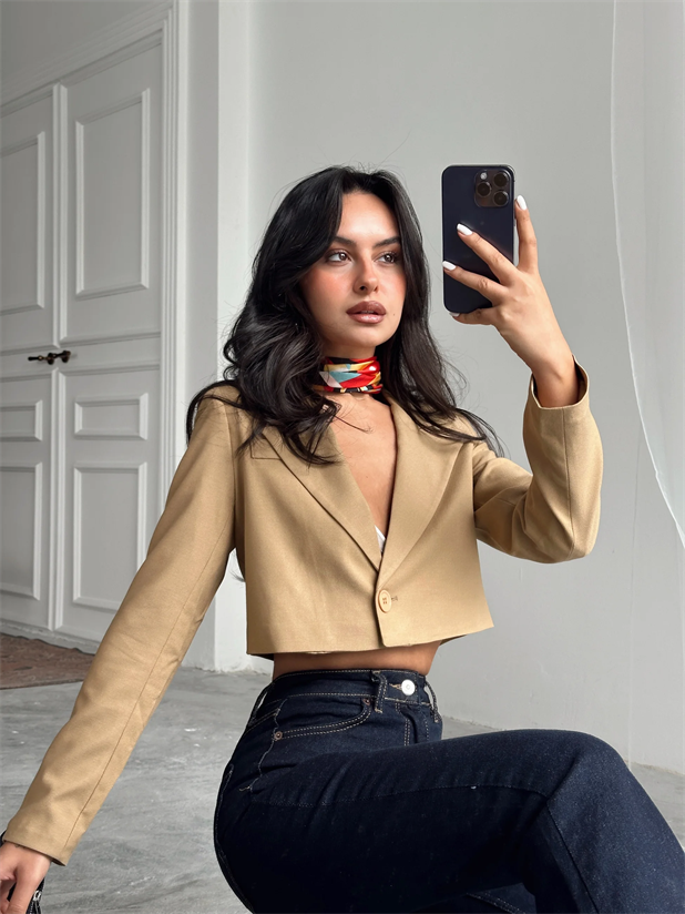 Tek Düğme Crop Blazer Vizon - Vizon