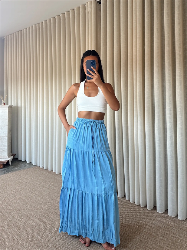 Katlı Maxi Etek - Mavi