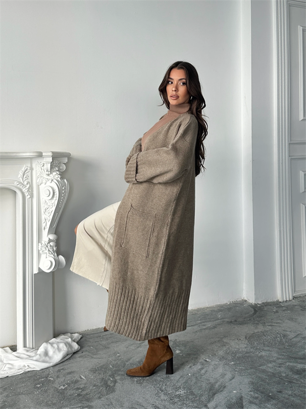 Oversize Uzun Hırka - Vizon