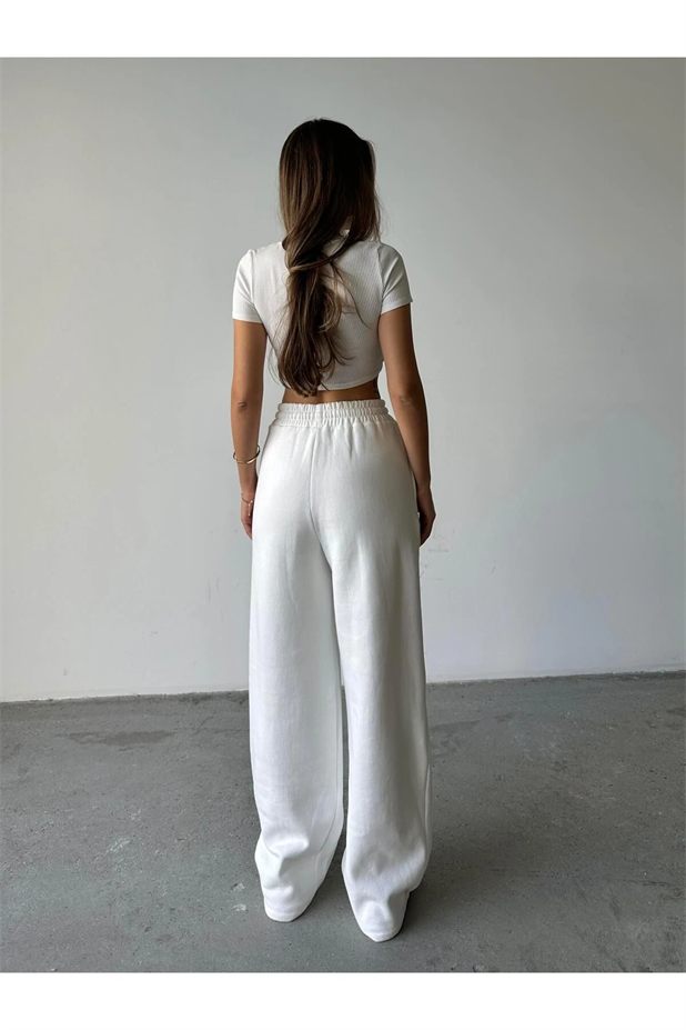 Üç İplik Şardonlu Palazzo Eşofman Beyaz - Beyaz