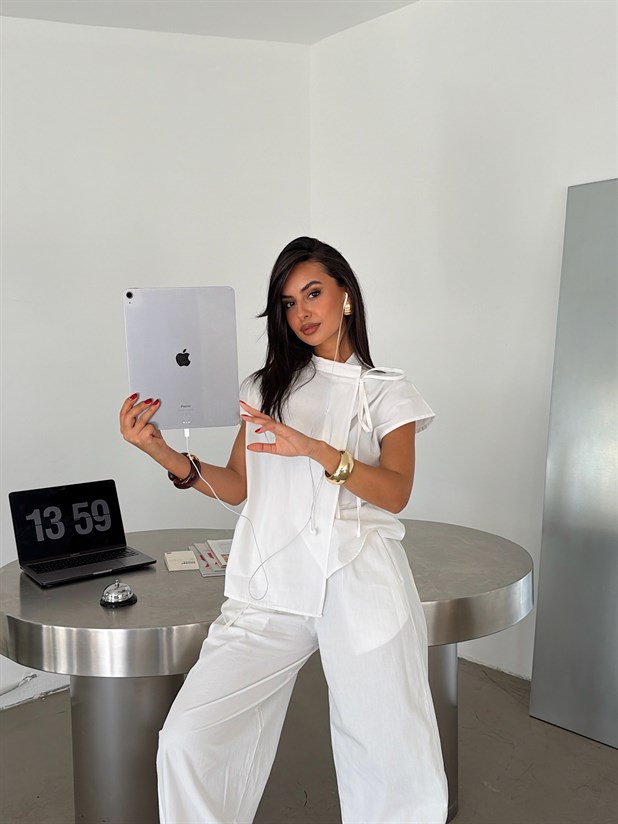 Poplin Balon Pantolon Takım - Beyaz