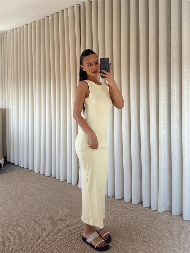 Sıfır Kol Şerit Detay Elbise  - Sarı