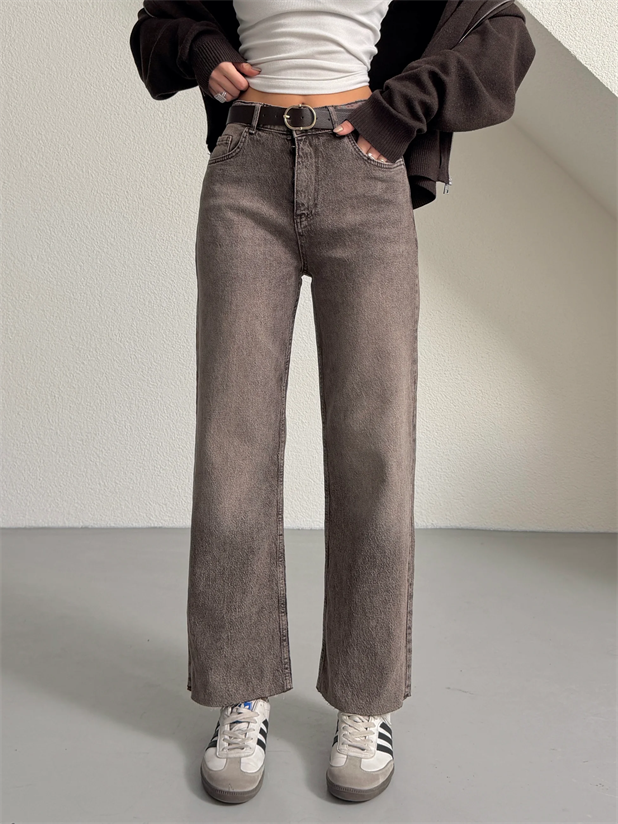 Kemerli Kesik Paça Jean - Kahve Yıkama