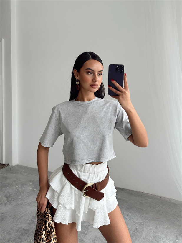 Yıkamalı Vatkalı Crop Basic - Gri