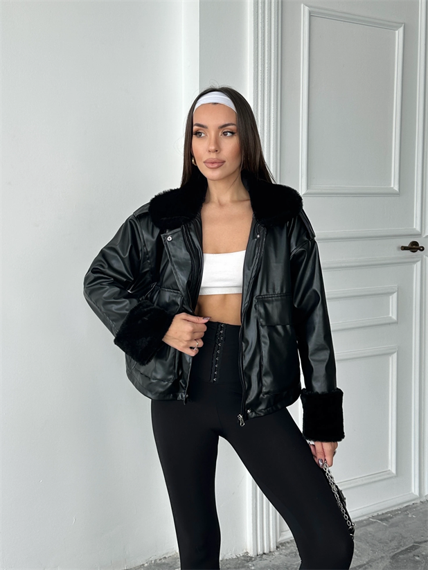 Kürklü Deri Mont - Siyah