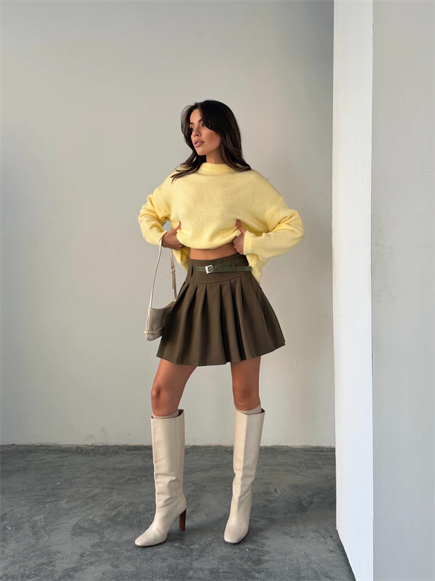 Kemerli Pileli Mini Etek - Haki Yeşil