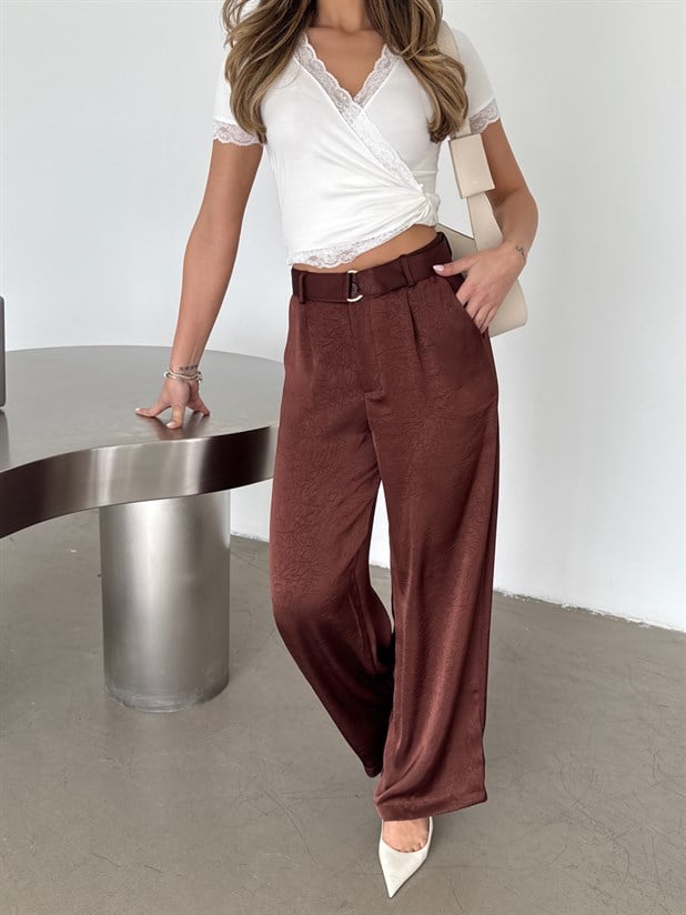 Kemerli Saten Pantolon - Kiremit