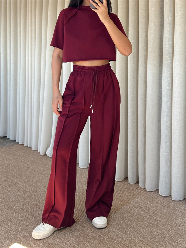 Ters Dikiş Detay Crop Takım - Bordo