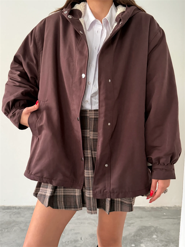 Kapüşonlu İçi Peluş Mont - Kahve