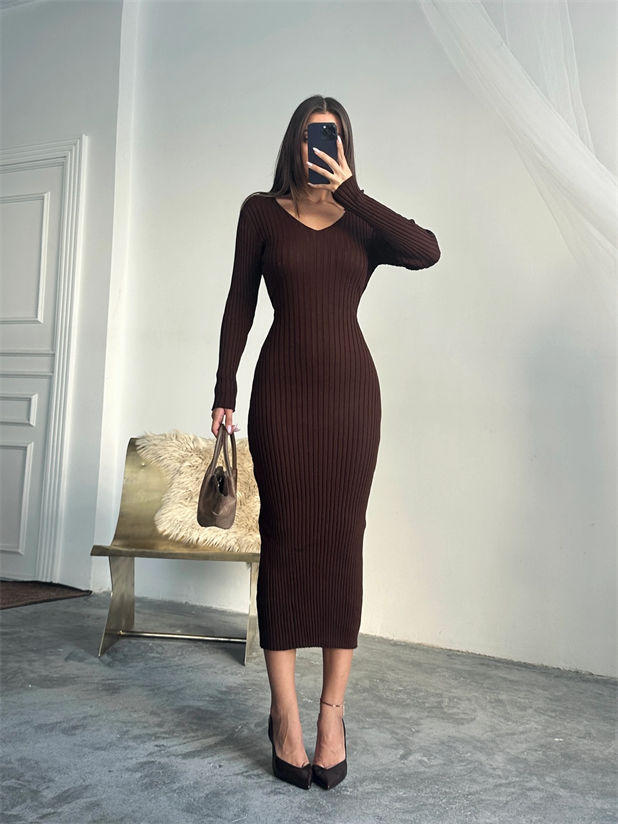 Bel Bağlama Triko Elbise - Kahve