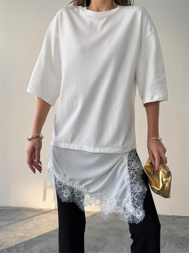 Dantel Detaylı Oversize Basic - Ekru