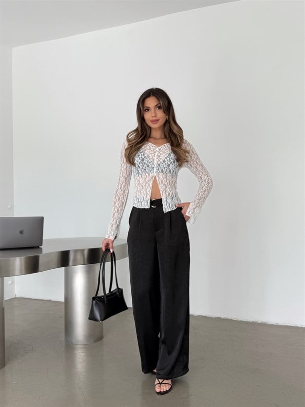 Kemerli Saten Pantolon - Siyah