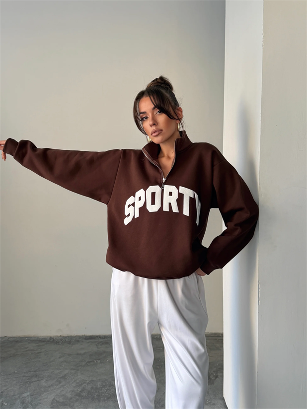 Sporty Yarım Fermuar Sweat - Kahve