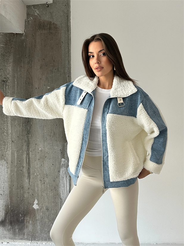 Denim Detaylı Peluş Mont - Mavi-Beyaz