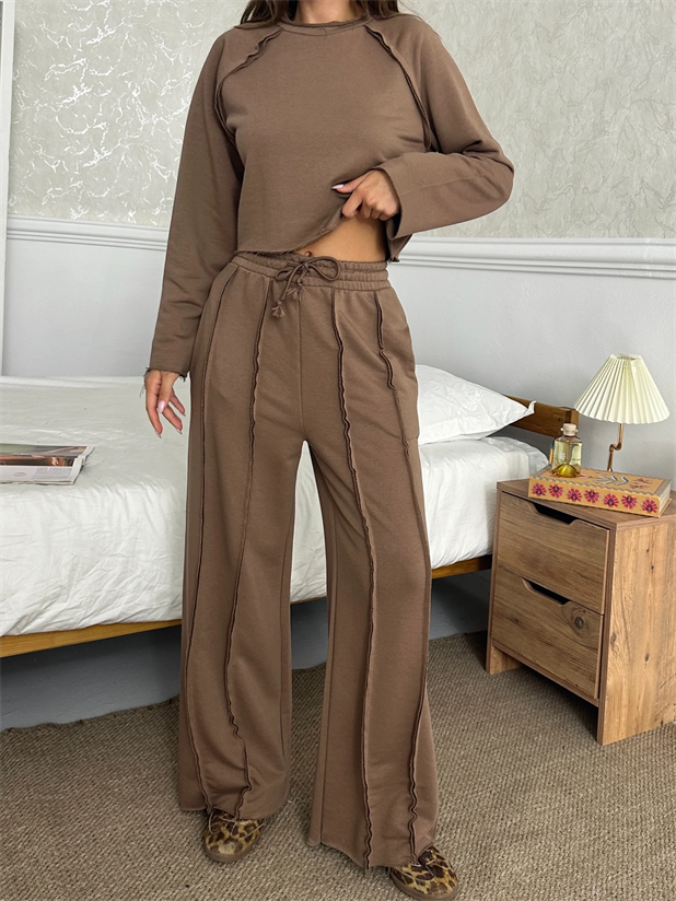 Uzun Kol Ters Dikiş Takım - Kahve