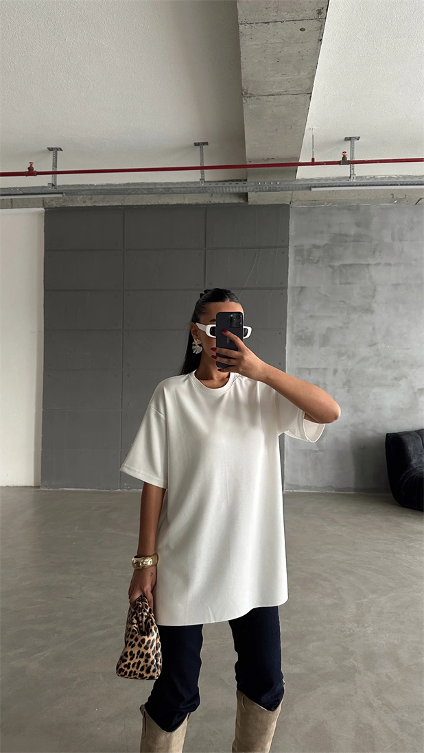 Yan Yırtmaç Oversize Basic - Ekru
