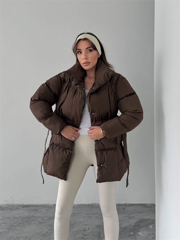 Kuşaklı Şişme Mont  - Kahve