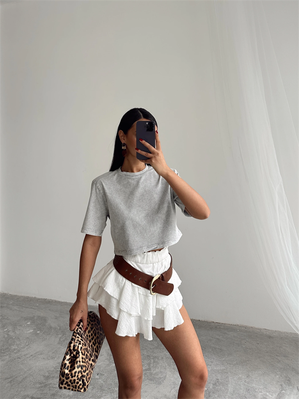 Yıkamalı Vatkalı Crop Basic - Gri