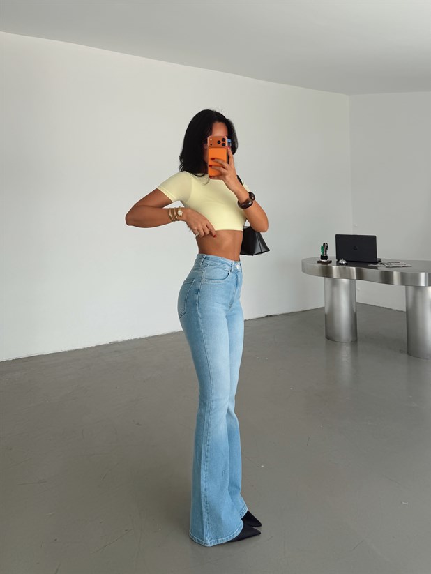 Yüksek Bel İspanyol Paça Jean - Açık Mavi