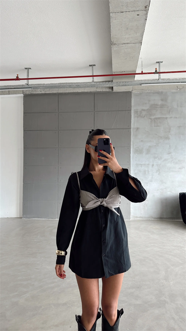 Sally İkili Büstiyer Gömlek Takım Siyah-Gri - Siyah