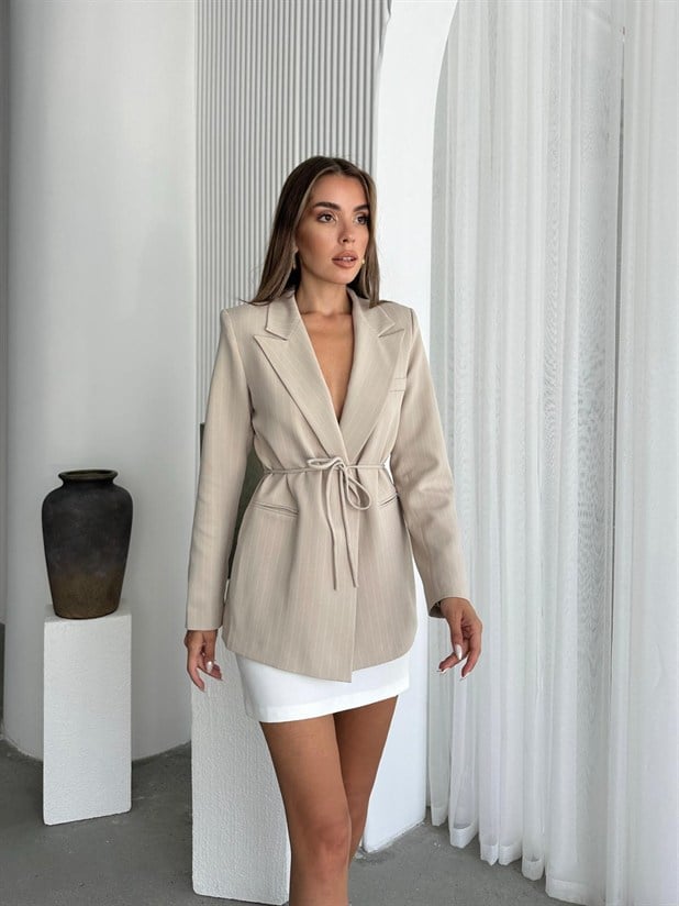 Bel Bağlama Line Blazer Ceket - Bej