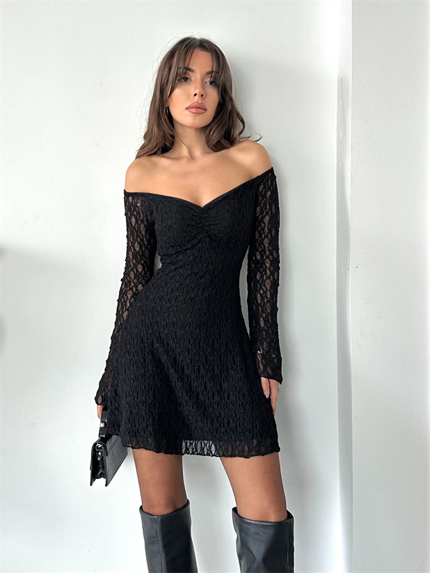 Mini Dantel Elbise - Siyah