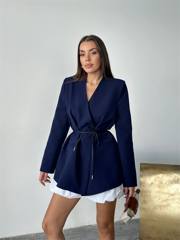 Deri Kemerli Blazer Ceket - Lacivert