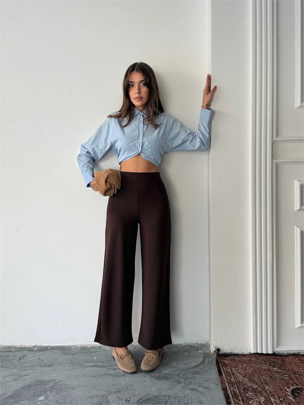 Bel İçten Lastik Kumaş Pantolon  - Kahve