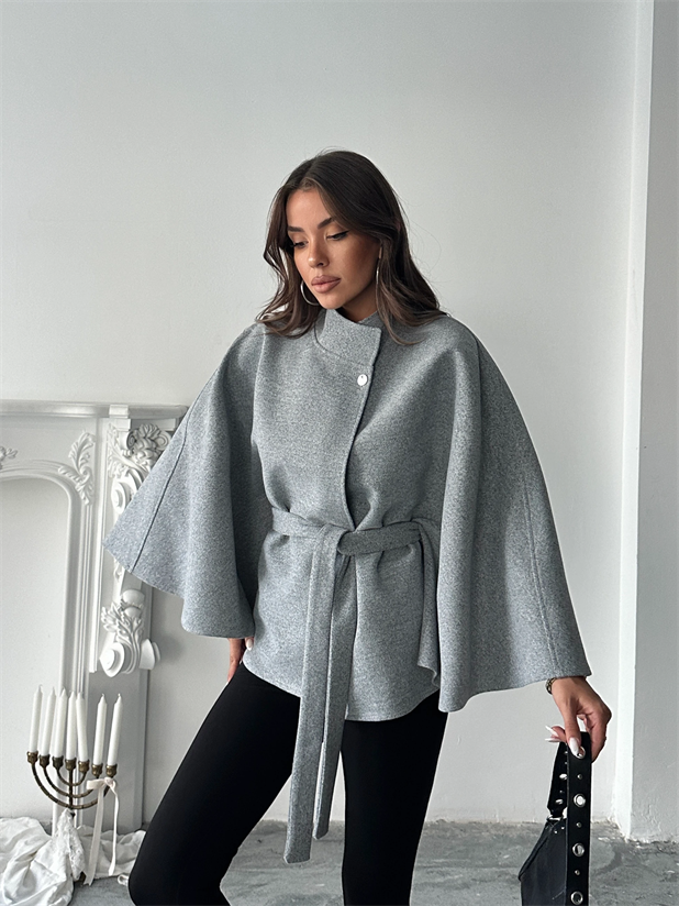 Kaşe Kuşaklı Pelerin Kaban - Gri