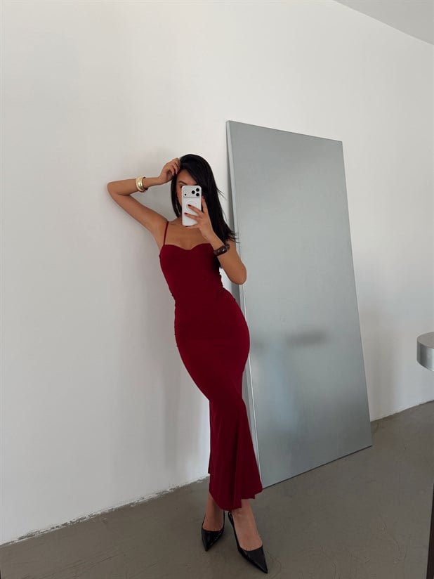 Yaka Glop Ön Büzgülü Elbise - Bordo