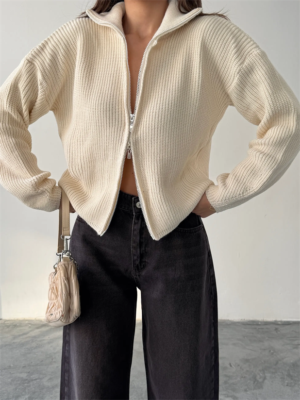 Çift Fermuarlı Triko - Ekru