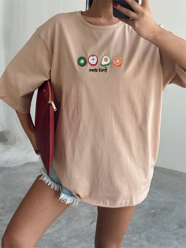Fruit Nakış Basic T-shirt Vizon - Vizon