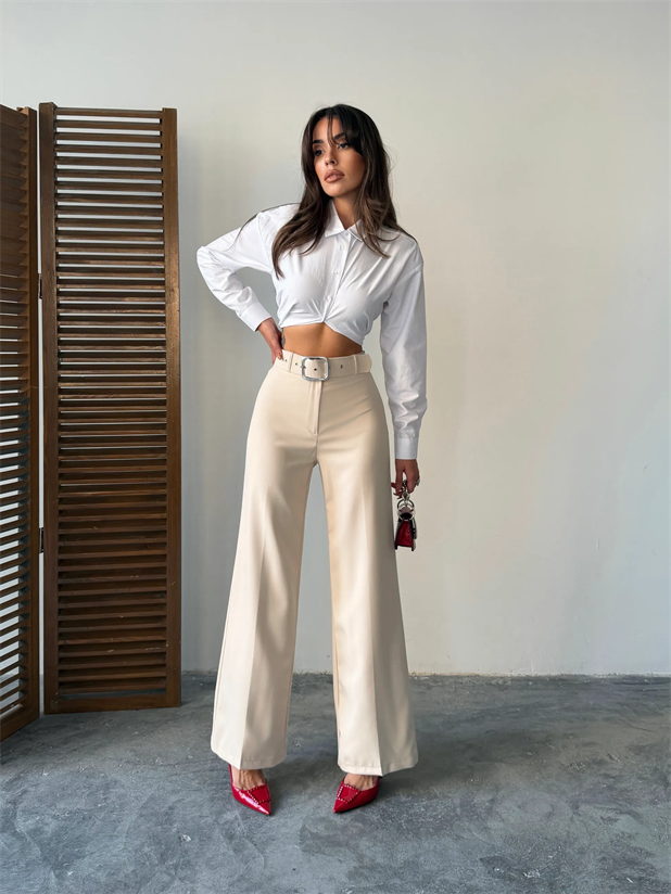 Kemerli Palazzo Pantolon  - Bej