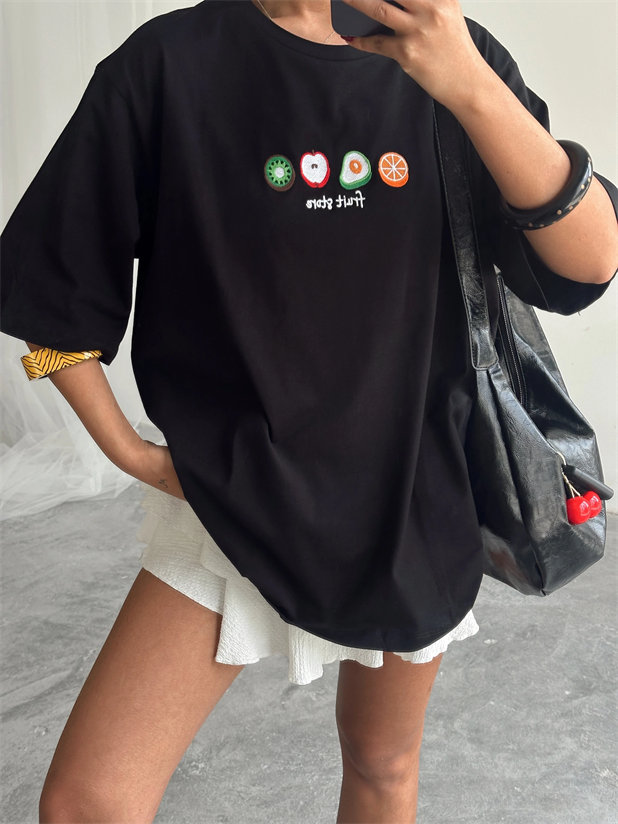 Fruit Nakış Basic T-shirt Siyah - Siyah