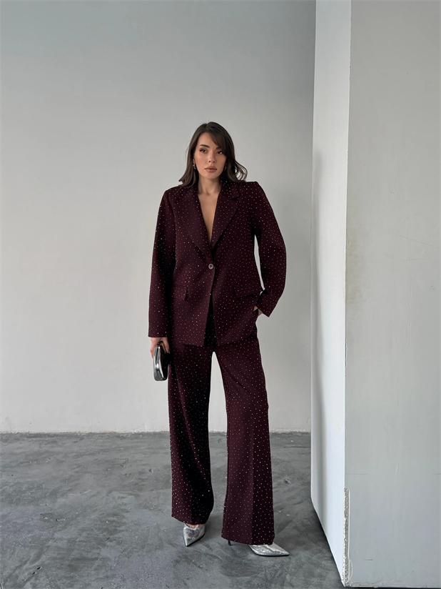 Premium Taş Detaylı Ceket Pantolon Takım  - Mürdüm