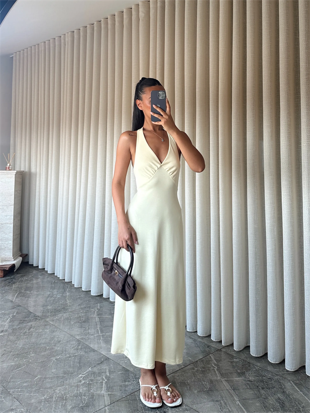 Boyundan Geçmeli Sırt Bağlamalı Elbise - Sarı