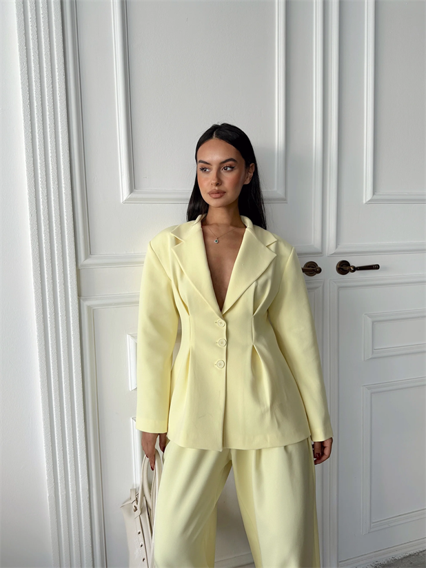 Pile Detay Oturtmalı Blazer Ceket  - Sarı