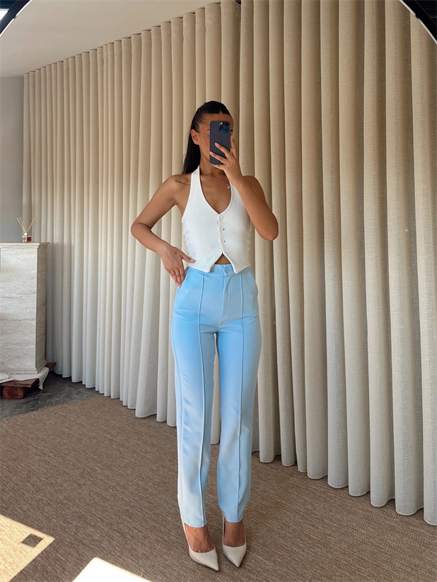 Beli Lastikli Çımalı Pantolon  - Bebe Mavi