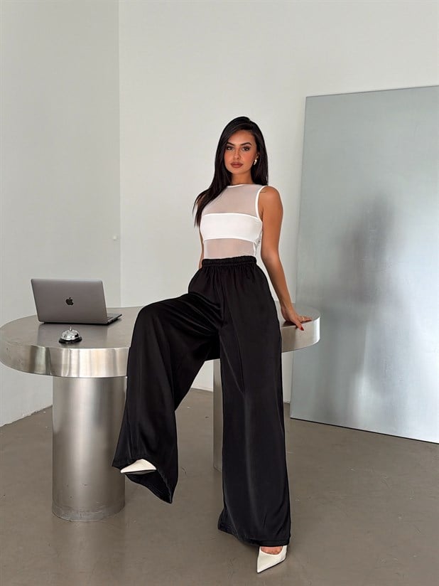 Bol Paça Saten Pantolon - Siyah