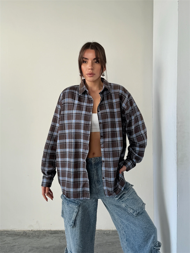 Oversize Ekose Gömlek - Mavi-Kahve