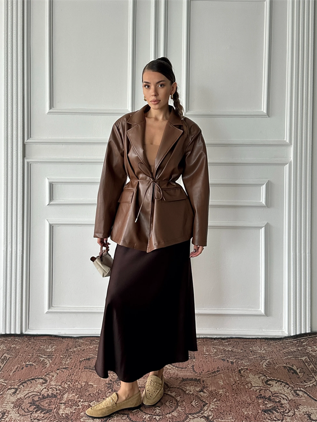 Belden Bağlamalı Deri Ceket - Kahve
