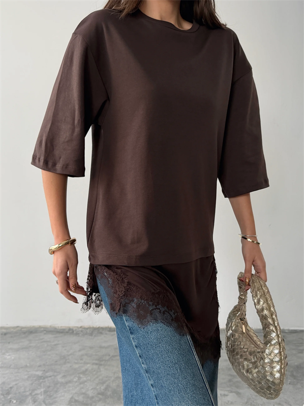 Dantel Detaylı Oversize Basic - Kahve